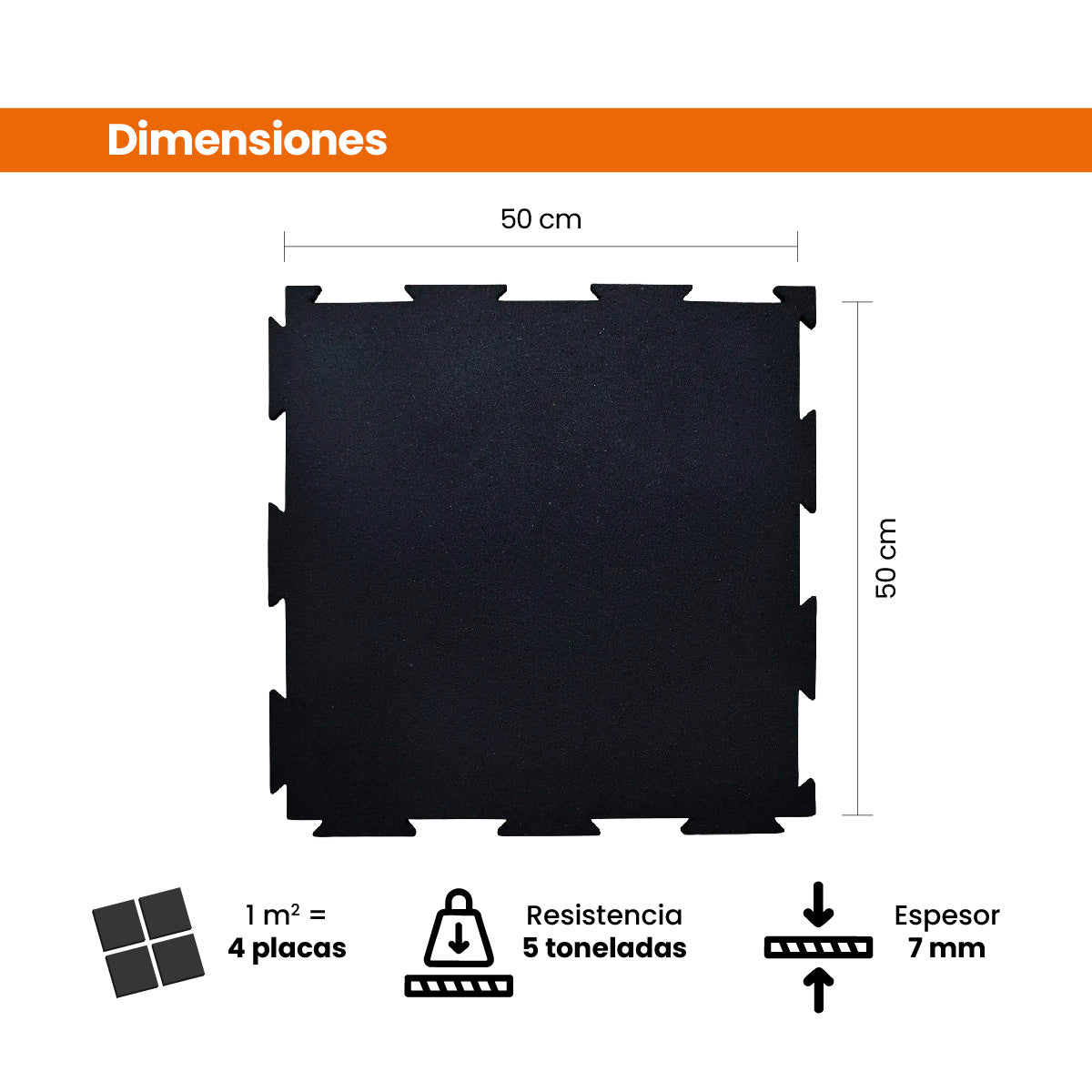 Piso de Caucho 50x50cm 7mm encastrable 1 m2 Negro