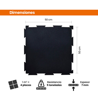 Piso de Caucho 50x50cm 7mm encastrable 1 m2 Negro